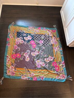 Johnny Was Vibrant Floral Silk Scarf - Turquoise, Pink, Yellow